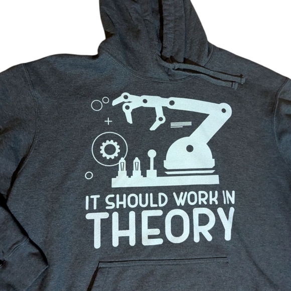 Engineers Fav It Should Work In Theory Gray Fleece Hoodie with Robot Print Sz XL - Picture 5 of 7